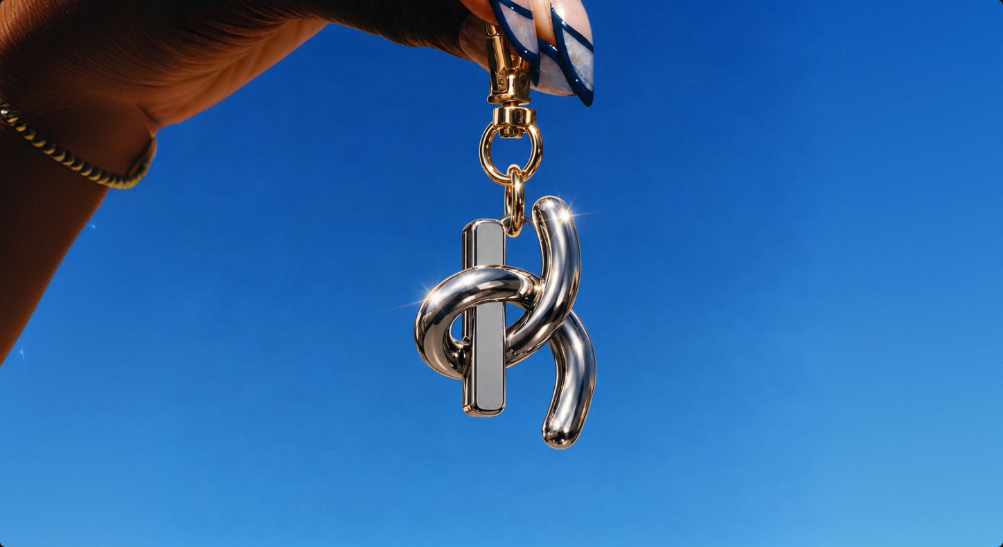 Hand holding a chrome Kessel "K" monogram keychain against a blue sky