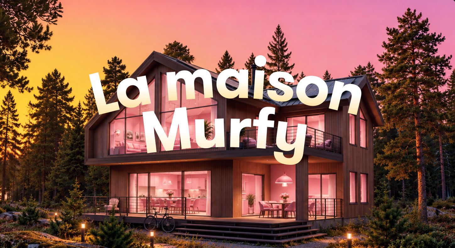 "La maison Murfy" lettering over a wooden house at sunset