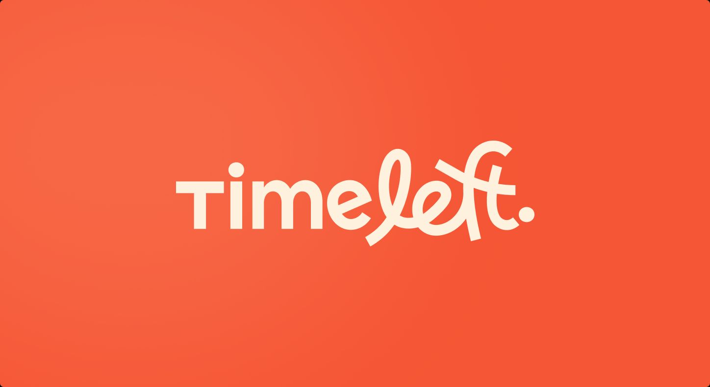 Timeleft wordmark in beige on an orange background