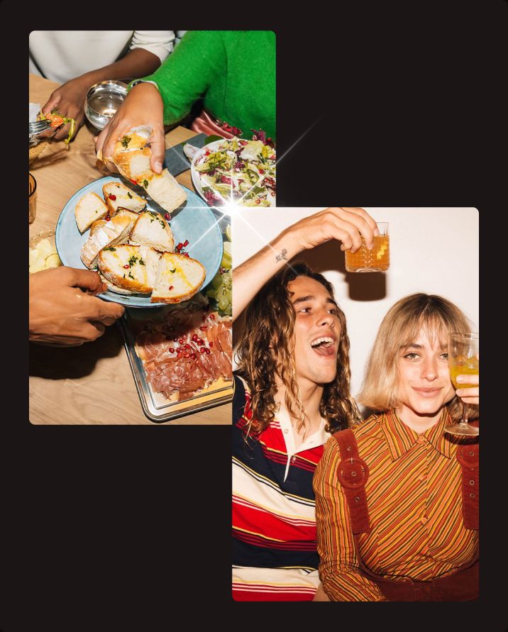 Collage of photos from a Timeleft dinner — shared plates and guests toasting