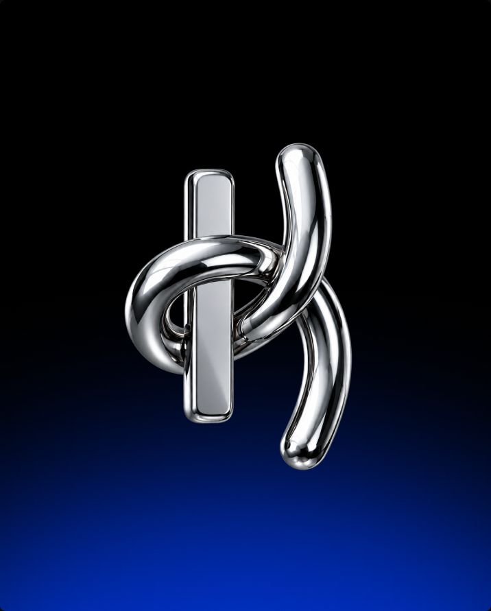 Chrome 3D "K" monogram on a black-to-blue gradient