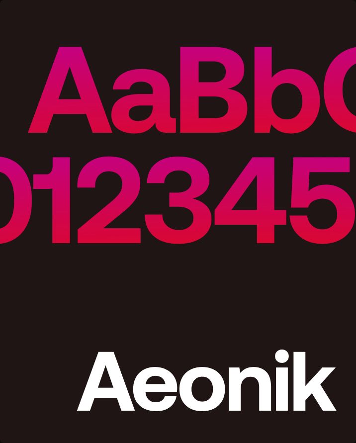 Aeonik typeface specimen — letters and numbers in a pink gradient