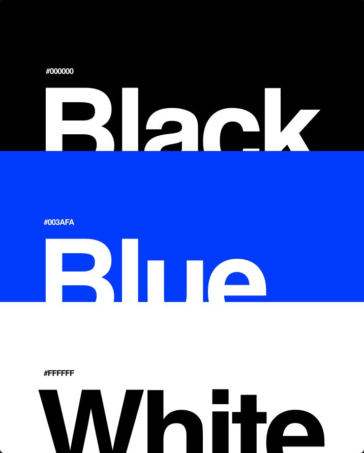 Color palette — Black #000000, Blue #003AFA and White #FFFFFF