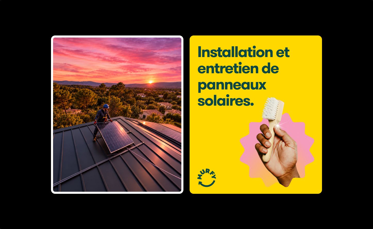 Solar panel installation photo next to a yellow "Installation et entretien de panneaux solaires" post
