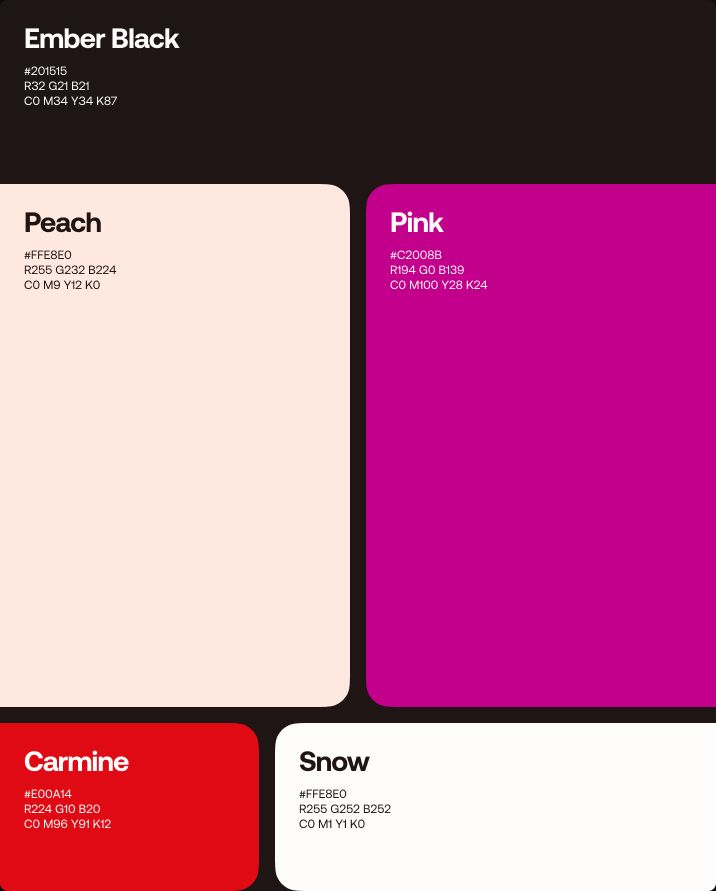 Color palette — Ember Black, Peach, Pink, Carmine and Snow