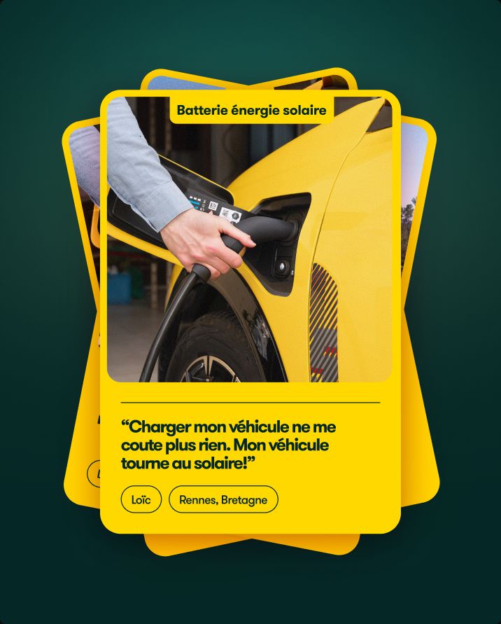 Stacked yellow customer testimonial cards about solar charging