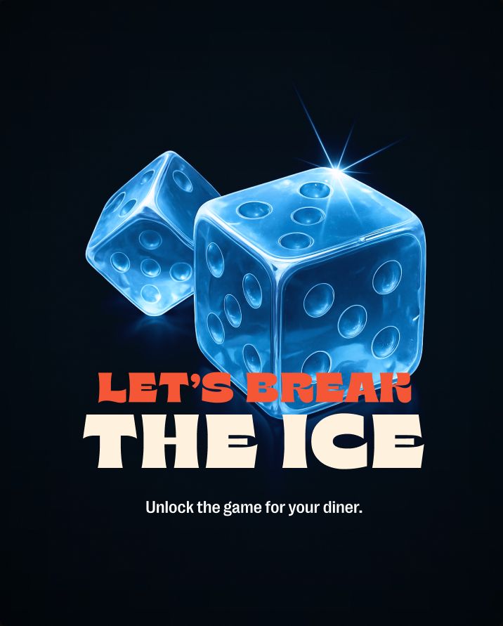 Glassy blue dice illustration with the headline "Let's break the ice"
