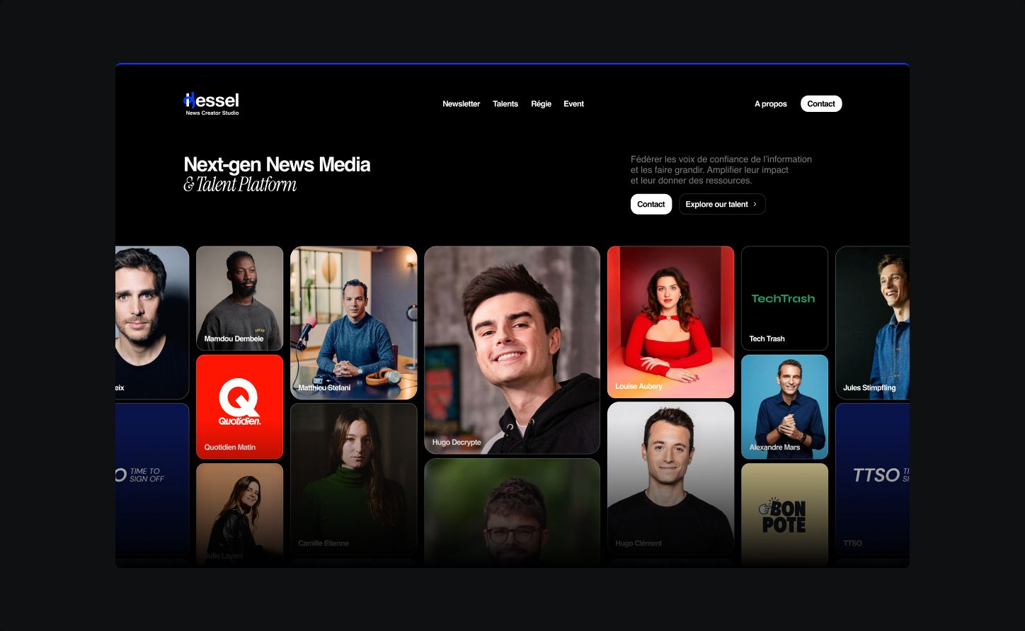 Kessel website homepage with a grid of creator portraits