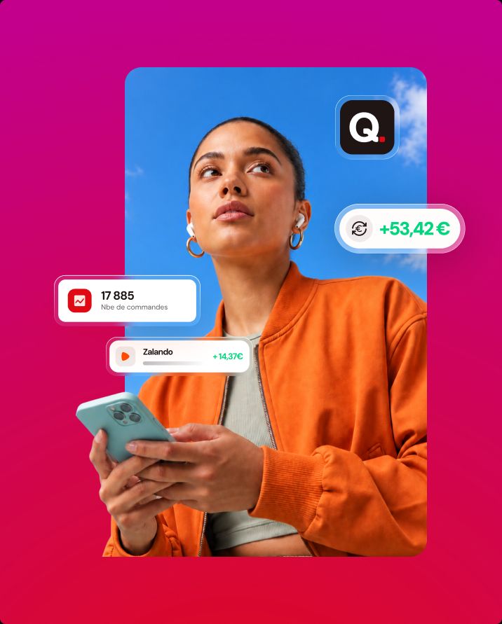 Woman holding a phone surrounded by cashback and order UI cards
