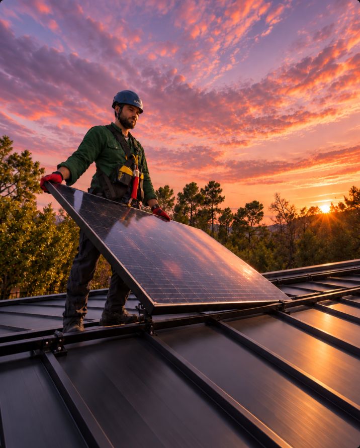 Technician installing a solar panel on a roof at sunset