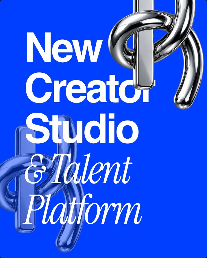 Blue poster: New Creator Studio & Talent Platform with chrome monograms