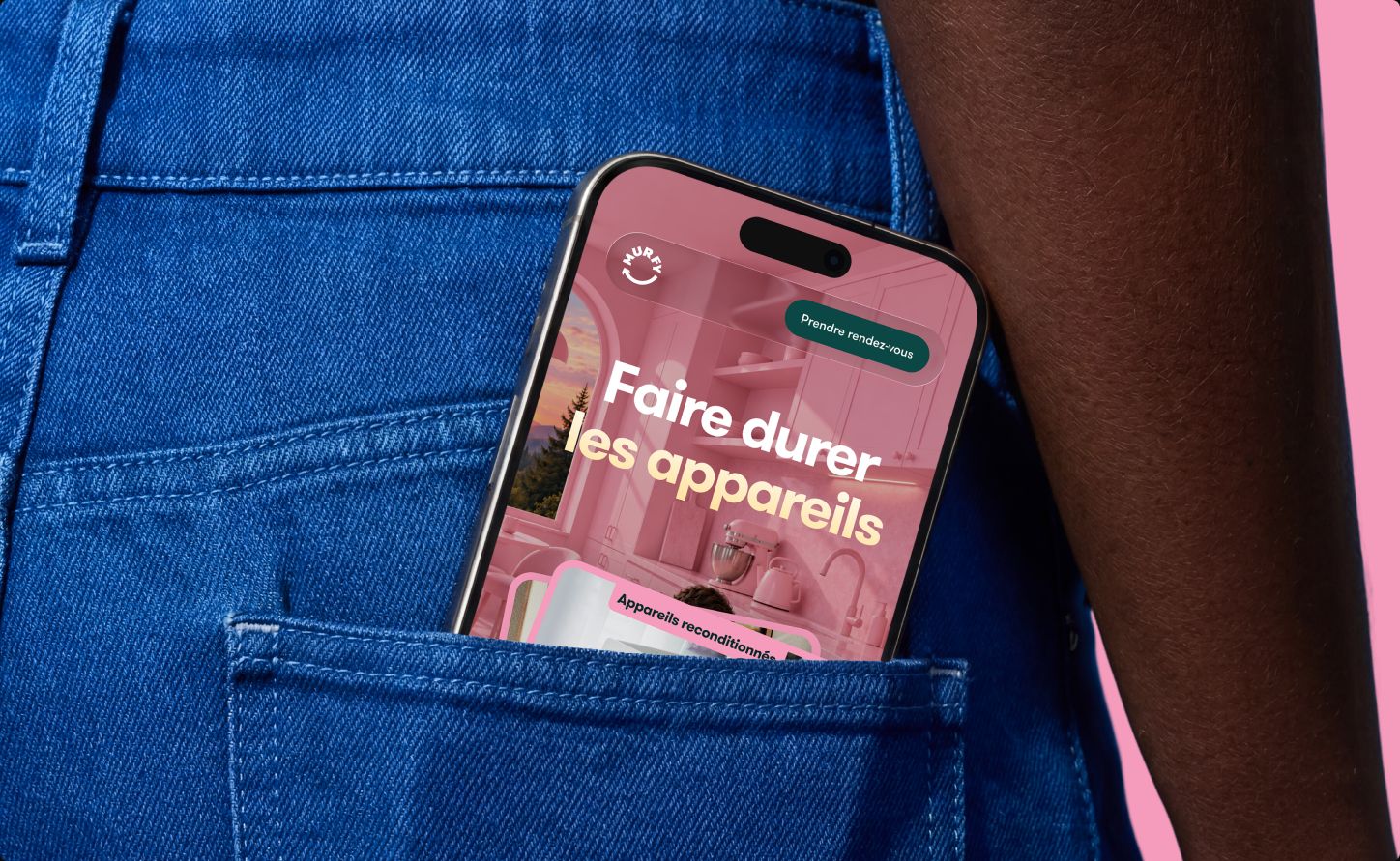 Phone in a jeans pocket showing the Murfy mobile site