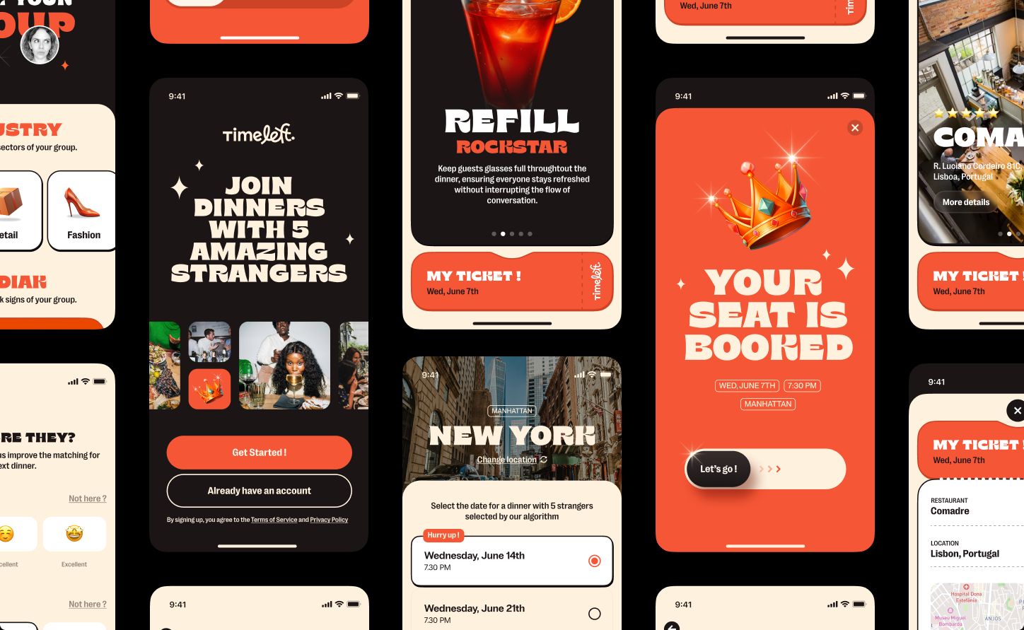 Grid of Timeleft app screens — onboarding