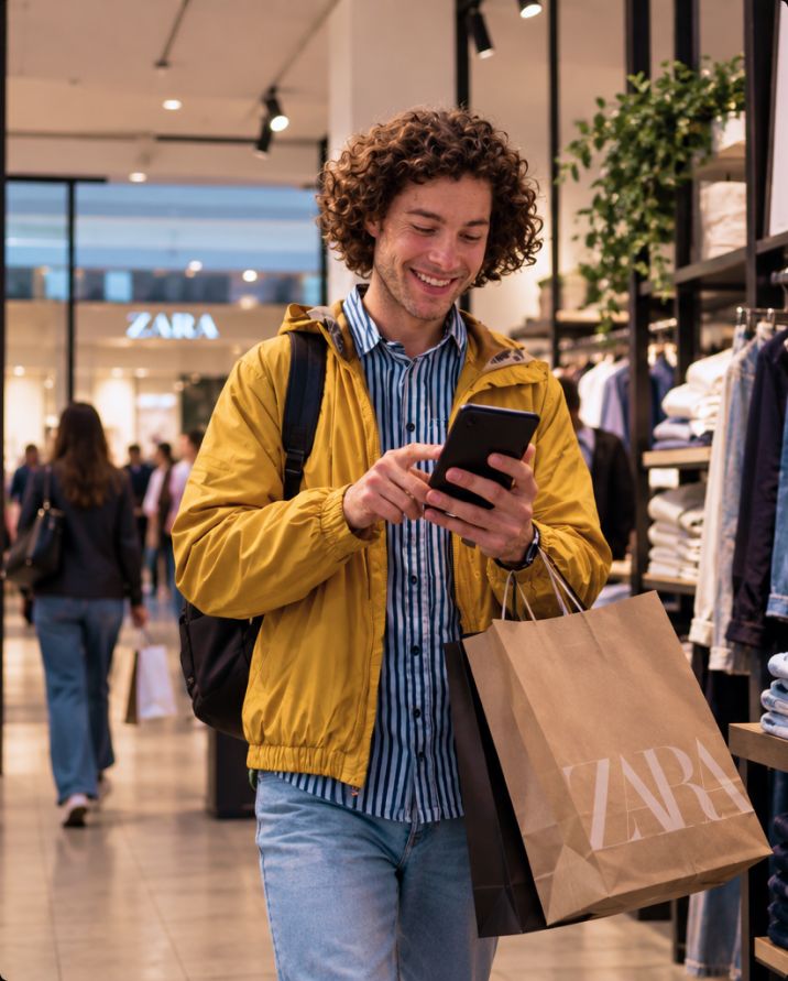 Man smiling at his phone while shopping with bags in hand