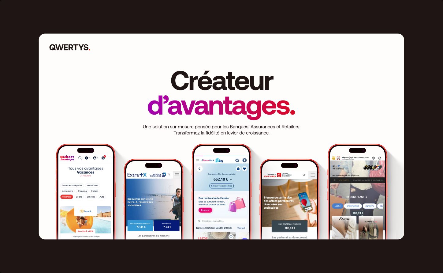 Website hero with five phones showing white-label rewards platforms