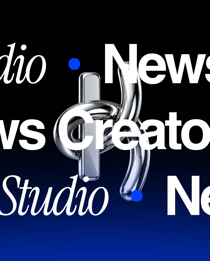 Scrolling 'News Creator Studio' typography around the chrome monogram