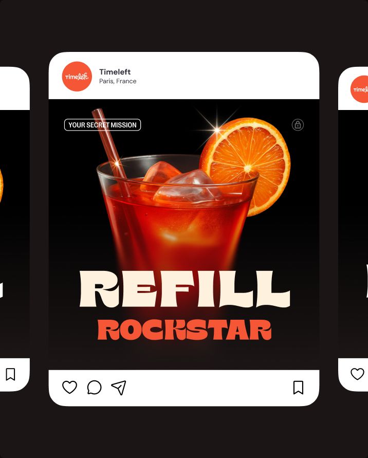 Social media post "Refill Rockstar" featuring a cocktail illustration