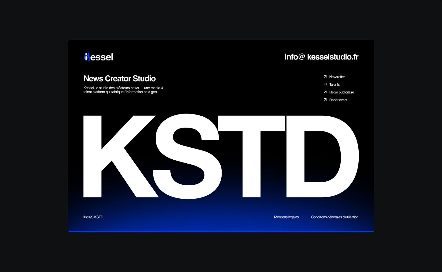 Kessel website footer with giant KSTD lettering